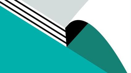 Minimalist graphic with teal curved shapes, black circle, and white diagonal lines
