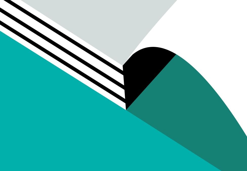 Minimalist graphic with teal curved shapes, black circle, and white diagonal lines