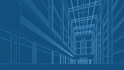 A graphic with a blue background and white abstract architectural lines.
