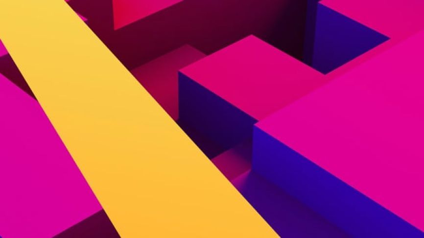 Abstract geometric design with overlapping angular shapes in yellow, magenta, and purple