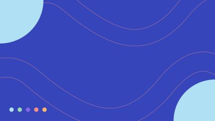 Short version (for decorative/background use):  "Abstract blue background with flowing wavy lines and light blue circular shapes in the corners, with a row of five colorful dots in the lower left.