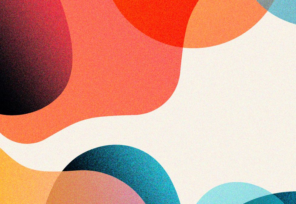 Abstract flowing shapes in coral, teal, orange, and cream colors with smooth organic curves