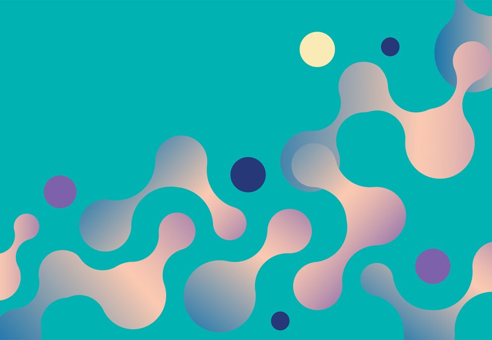 Abstract wavy chain pattern with pink and gray circles on turquoise background