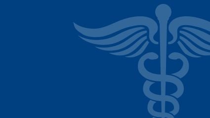 Blue medical caduceus symbol with intertwined serpents and wings on dark blue background