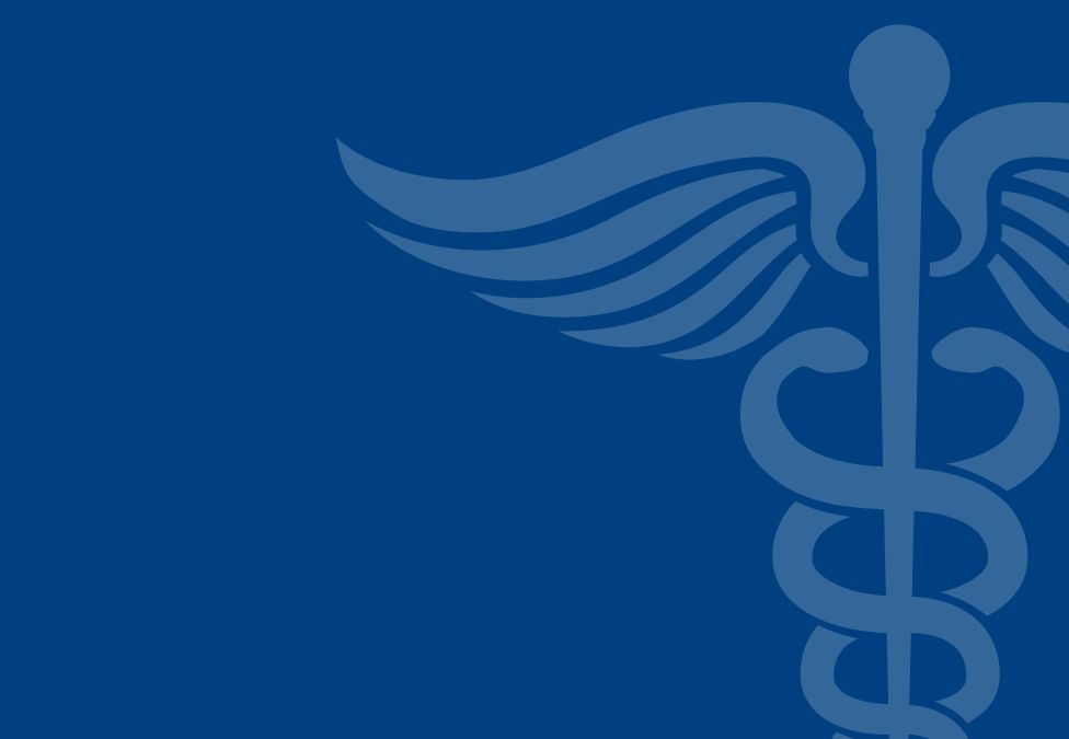Blue medical caduceus symbol with intertwined serpents and wings on dark blue background