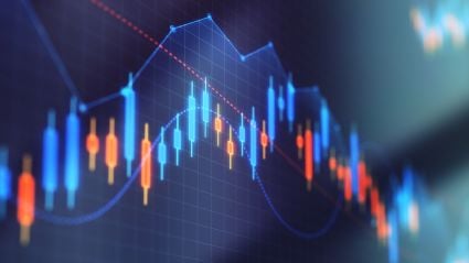 A glowing blue and orange candlestick chart with overlaid trend lines on a dark blue background, depicting financial market data.