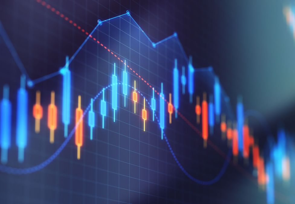 A glowing blue and orange candlestick chart with overlaid trend lines on a dark blue background, depicting financial market data.