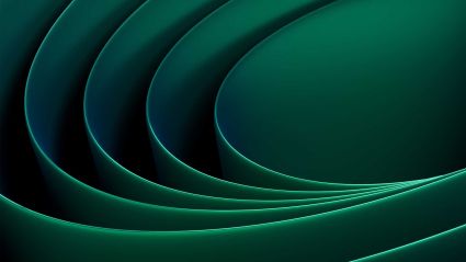 An abstract digital art piece featuring flowing, curved layers in shades of deep emerald green and teal.