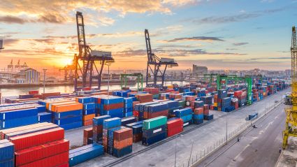 Shipping containers stacked in rows at a port terminal with cranes at sunset
