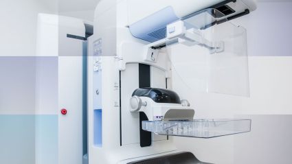 Picture of a large mammography machine with rounded parts