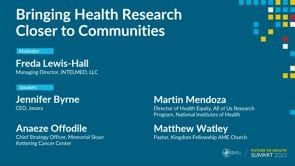 Conference banner listing speakers: Frieda Ezee, Jennifer Byrne, Antero Orthollo, Martin Meadows, Matthew Walsey, and Susan O'Brien with colorful dots design