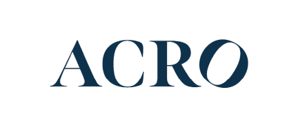 ACRO logo in dark blue serif typography on white background