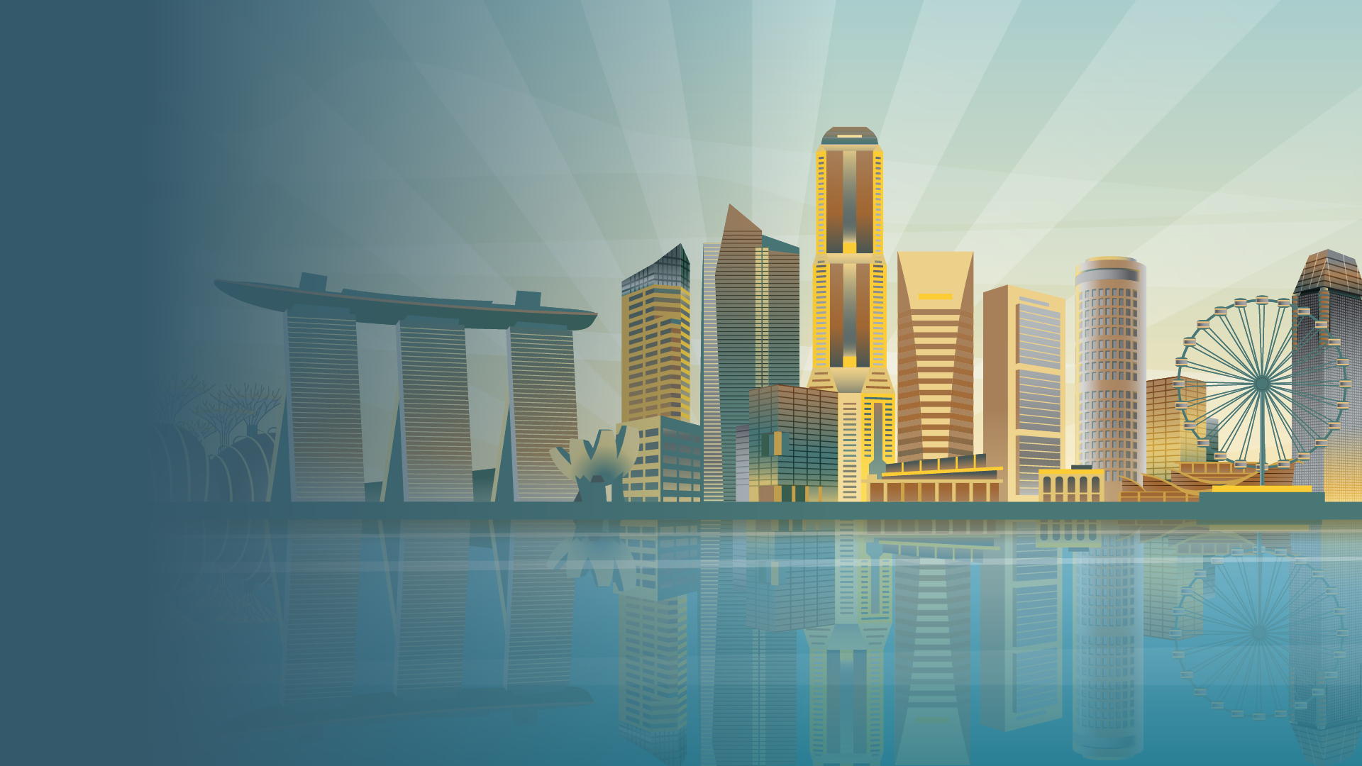 Illustrated Singapore skyline with illuminated golden skyscrapers reflected in calm blue water