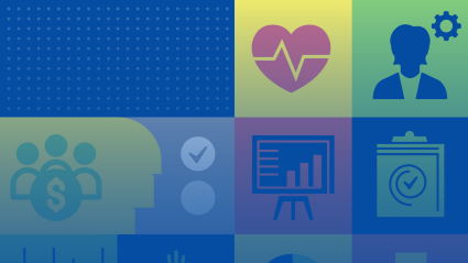 Grid of healthcare icons including heartbeat monitor, patient profile, medical team, bar chart, and stethoscope in blue and green tones