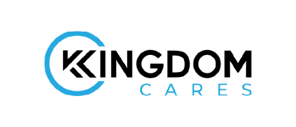 Kingdom Cares logo with stylized blue circular element and black text
