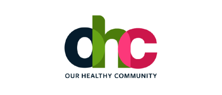 DHC Our Health Community logo with green, navy and pink letters